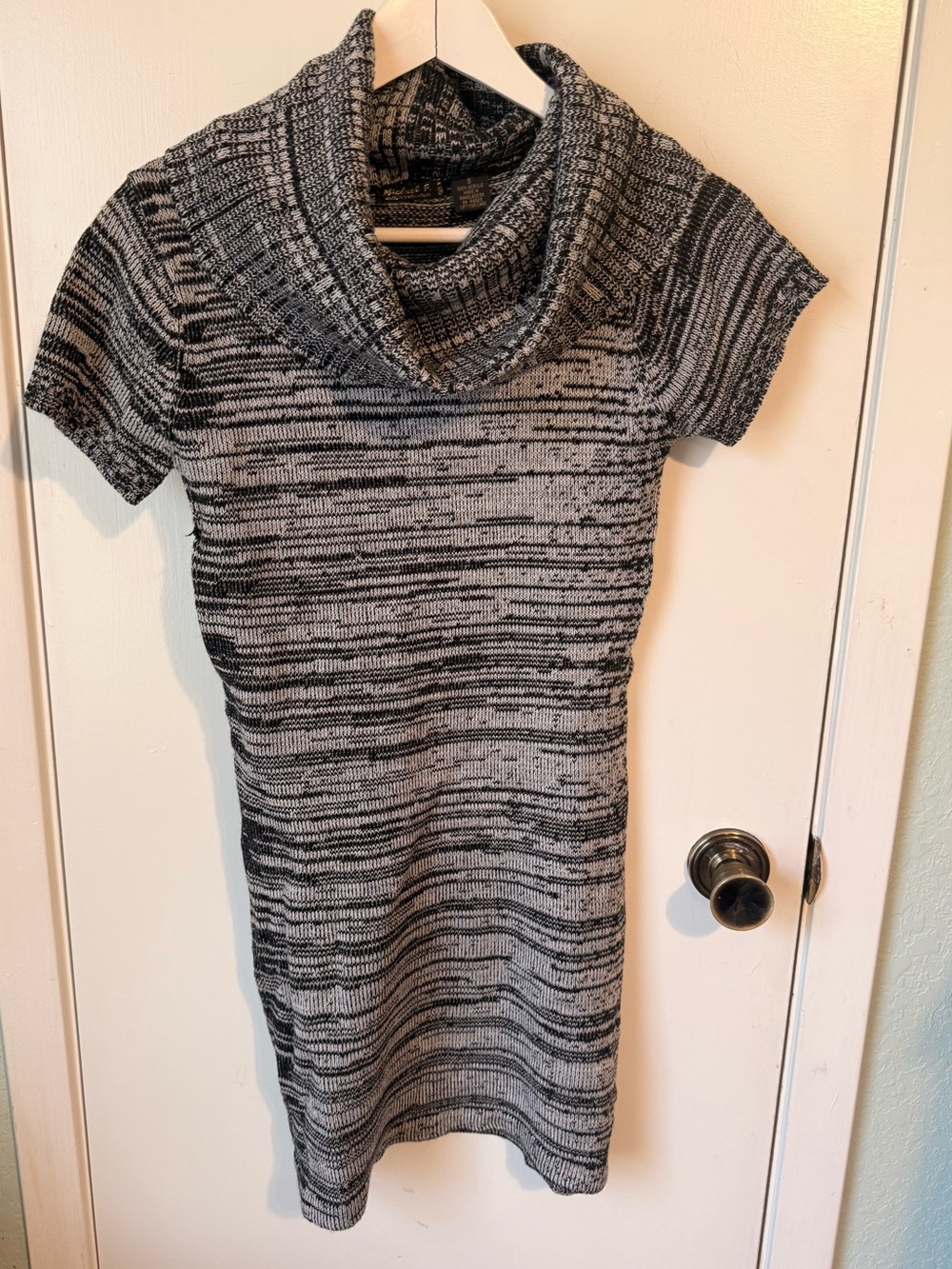 Cowl Neck Short Sleeve Knit Dress in Black and Gray